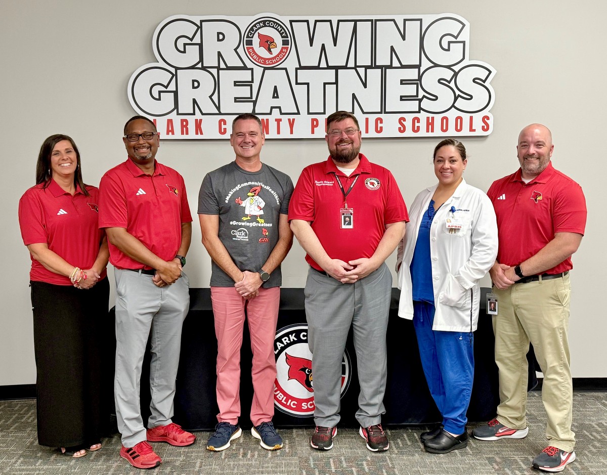 Kelly Fithen, Assistant Superintendent, Terry Yeast, Athletic Director, Matt Smith CRMC CEO, Dustin Howard, Superintendent, Megan Turner, Clark Clinic Immediate Care APRN, Justin Arms, GRC Principal